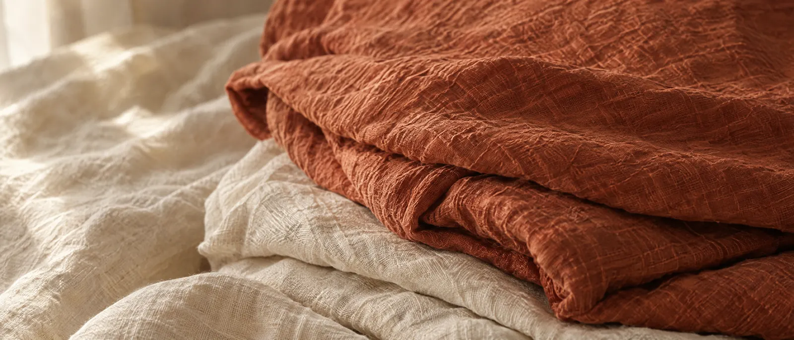 Des linges de lin crème et terracotta pliés, photo d'illustration