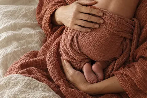 Un nouveau-né endormi contre une poitrine, vu de dos, photo d'illustration