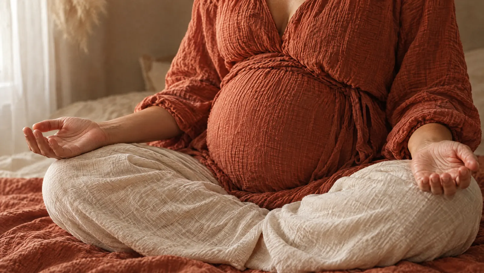 Mains ouvertes posées sur des jambes croisées, photo d'illustration