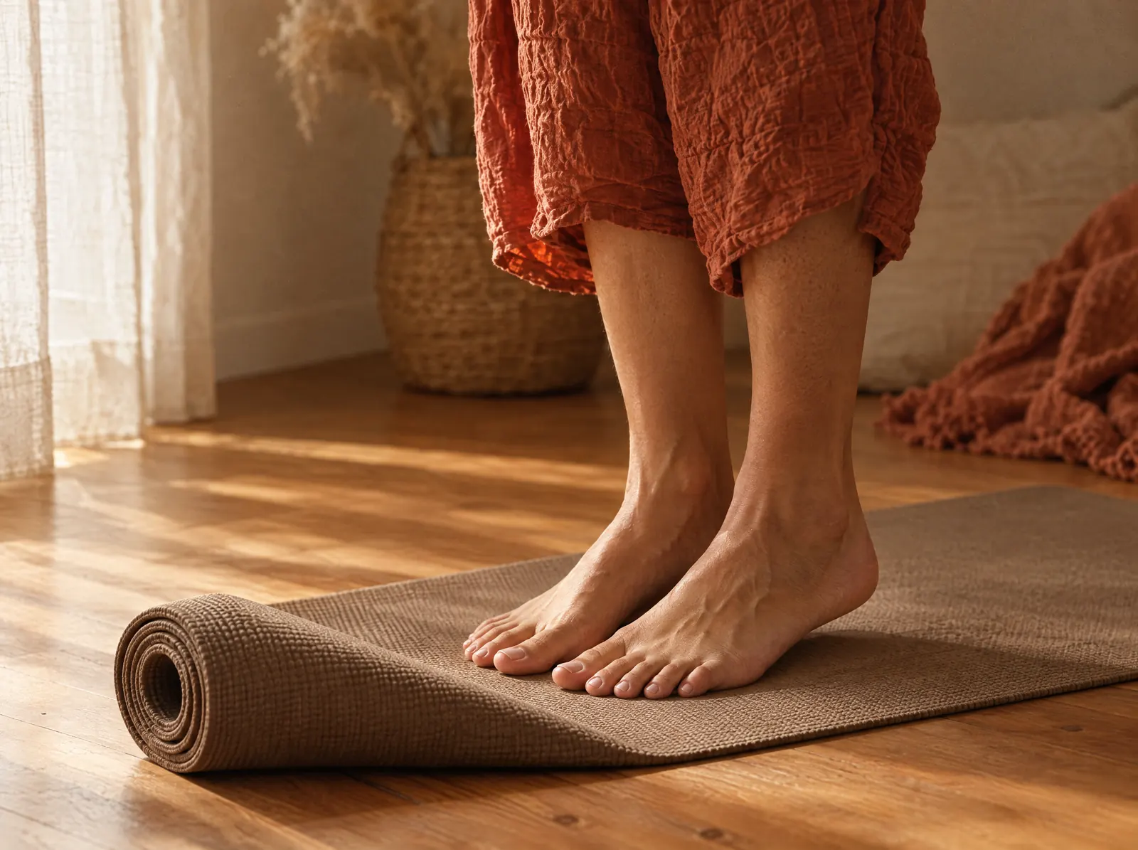 Pieds nus posés sur un tapis déroulé, photo d'illustration